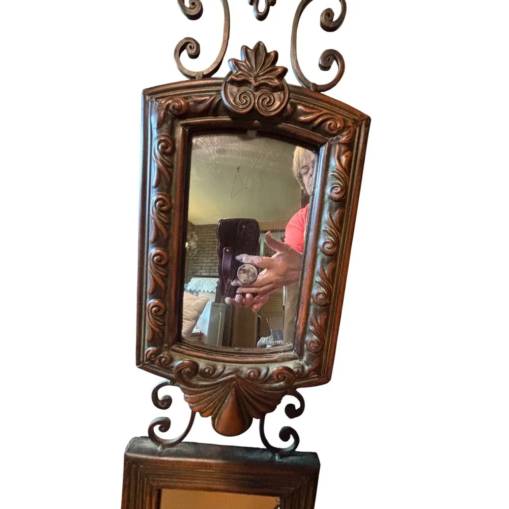 Vintage Bronze Tiered Wall Mirror 3-Frame Ornate Scrollwork Victorian Decor